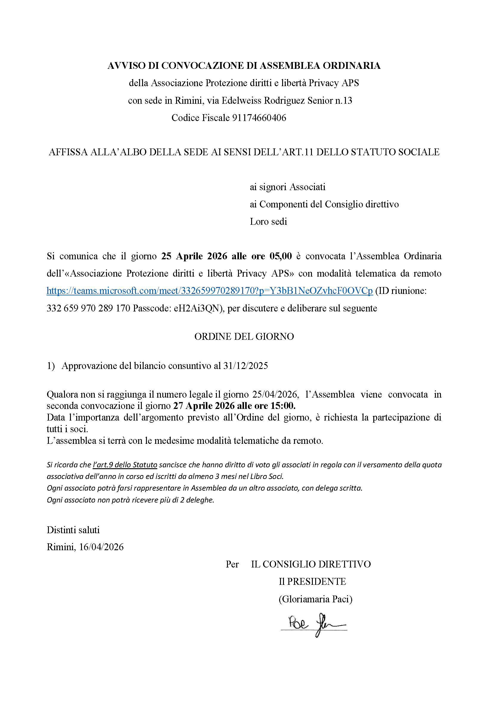 Convocazione Assemblea Ordinaria Aprile 2026