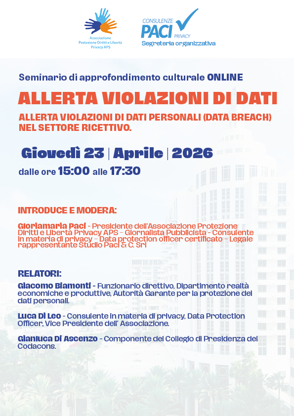 Seminario Formativo Giovedì 23 Aprile 2026 - Allerta violazioni di dati personali (Data Breach) nel settore ricettivo